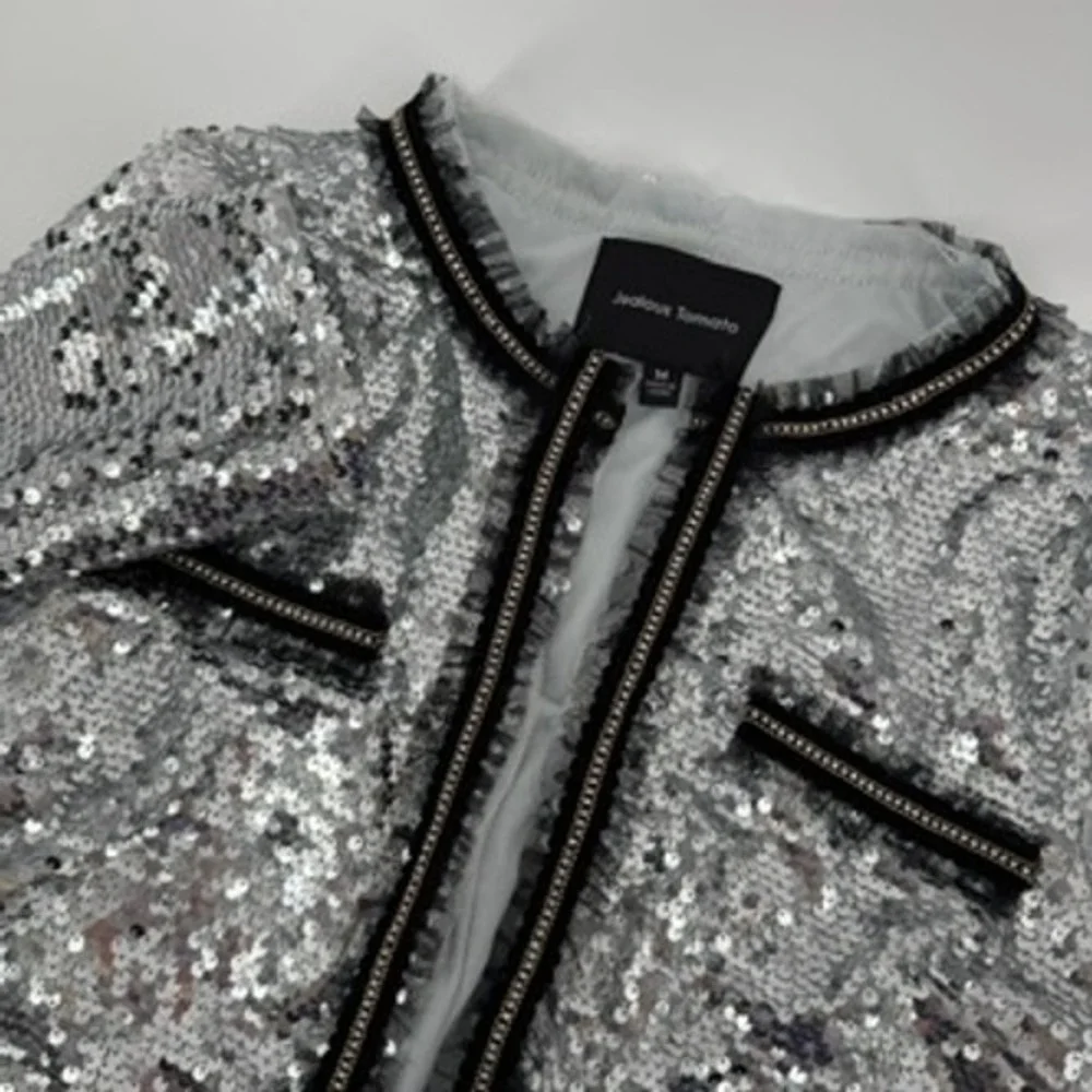 Jealous Tomato Silver Sequin Jacket Womens‎ Medium Rhinestone Trim Open Front